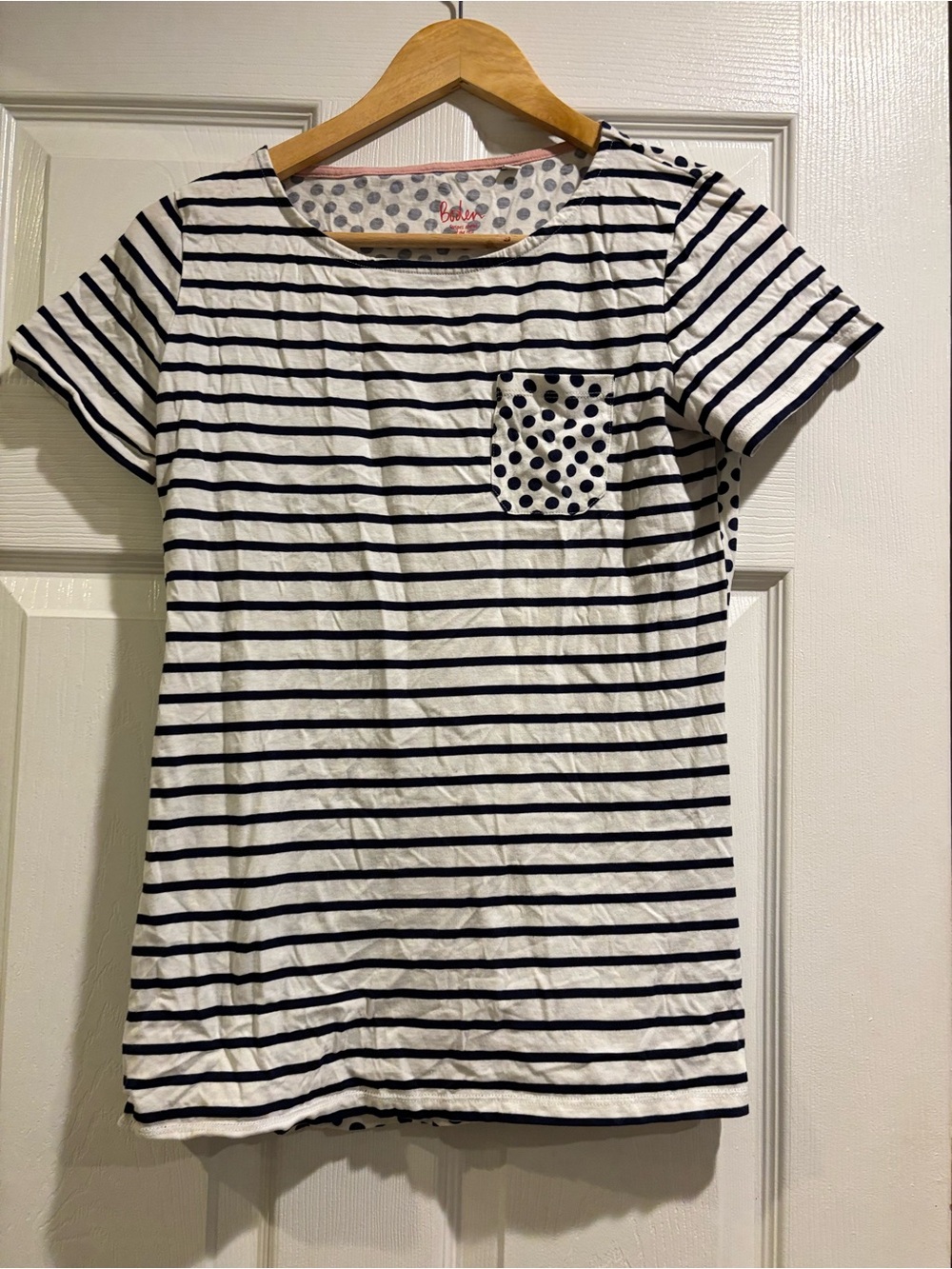 Boden White Tee with Navy Polka Dots and Pink Trim